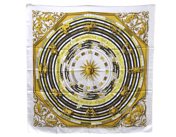 Authentic HERMES Carre 90 Scarf "DIES ET HORE" Silk White 9248D