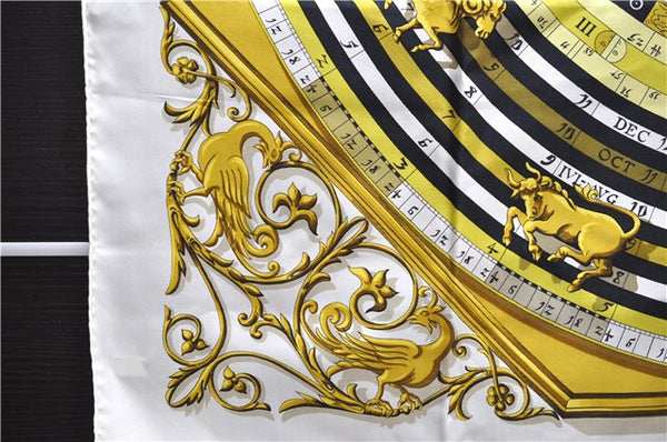 Authentic HERMES Carre 90 Scarf "DIES ET HORE" Silk White 9248D