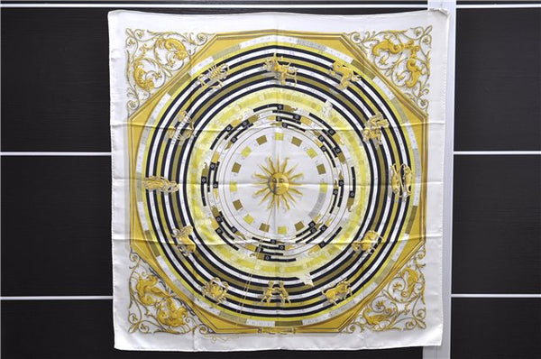 Authentic HERMES Carre 90 Scarf "DIES ET HORE" Silk White 9248D