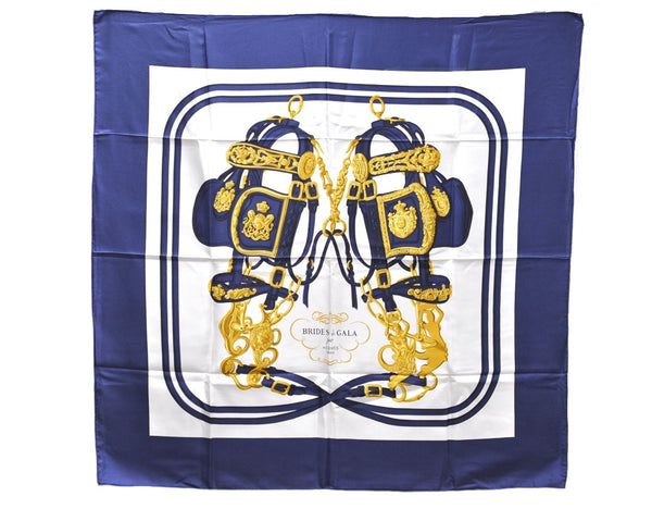 Authentic HERMES Carre 90 Scarf "BRIDES de GALA par" Silk Navy Box 9251D