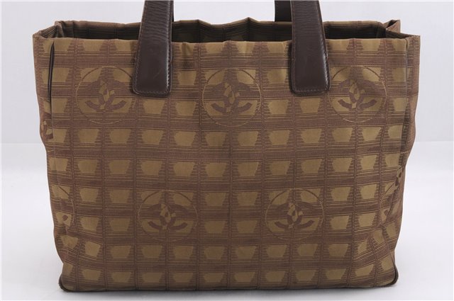 Authentic CHANEL New Travel Line Shoulder Tote Bag Nylon Leather Brown 9255E