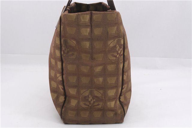 Authentic CHANEL New Travel Line Shoulder Tote Bag Nylon Leather Brown 9255E