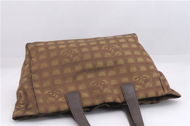 Authentic CHANEL New Travel Line Shoulder Tote Bag Nylon Leather Brown 9255E
