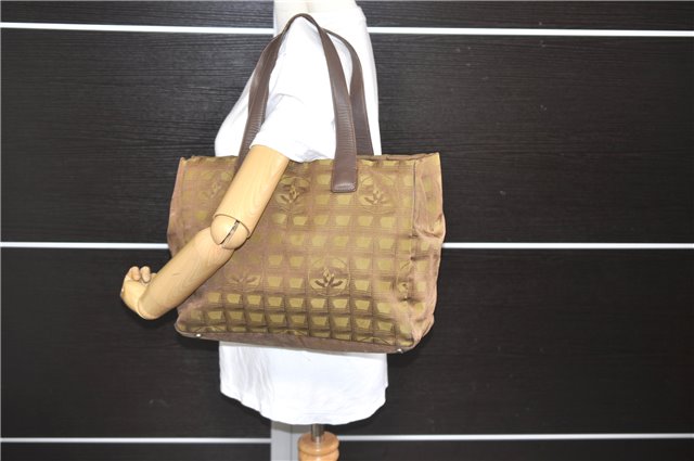 Authentic CHANEL New Travel Line Shoulder Tote Bag Nylon Leather Brown 9255E