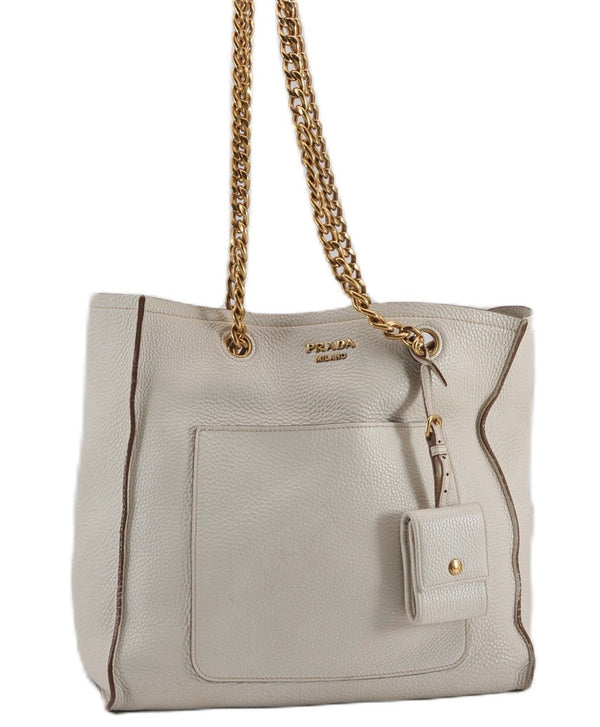 Authentic PRADA Vintage Leather Nappa Chain Shoulder Tote Bag Ivory 9260F