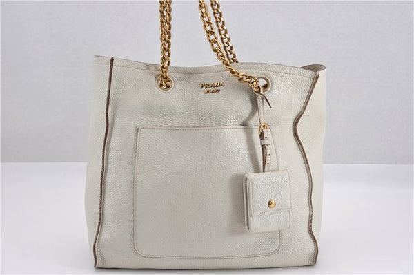 Authentic PRADA Vintage Leather Nappa Chain Shoulder Tote Bag Ivory 9260F