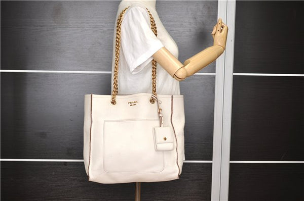 Authentic PRADA Vintage Leather Nappa Chain Shoulder Tote Bag Ivory 9260F