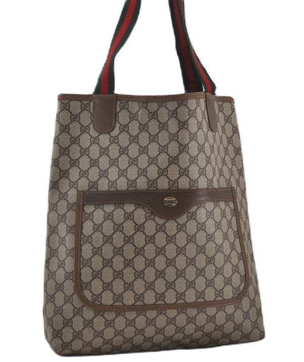 Authentic GUCCI Web Sherry Line Shoulder Tote Bag GG PVC Leather Brown 9267E