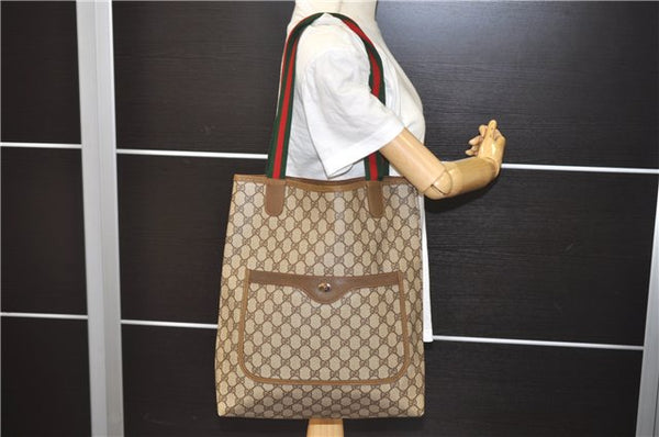 Authentic GUCCI Web Sherry Line Shoulder Tote Bag GG PVC Leather Brown 9267E