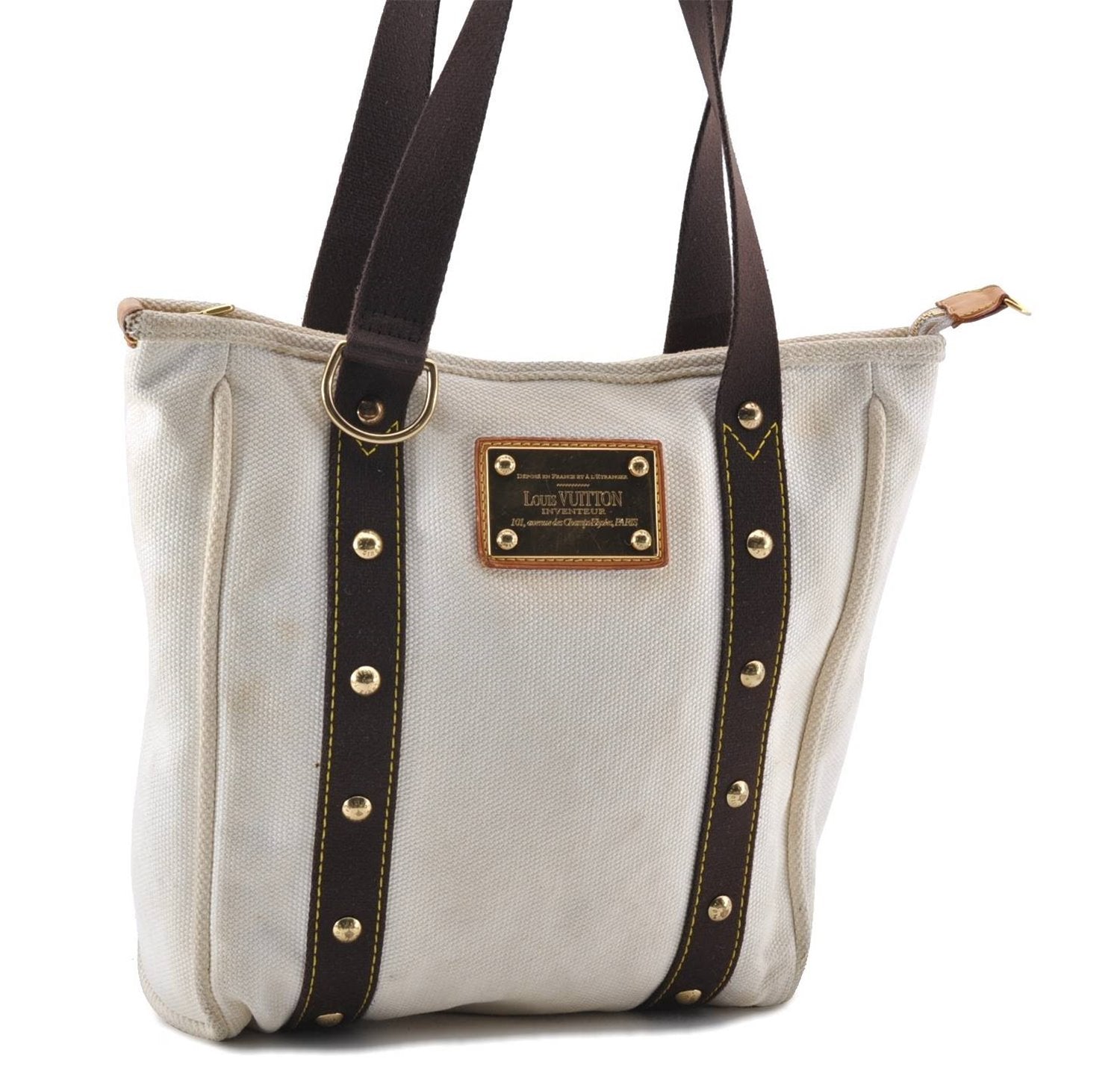 Authentic Louis Vuitton Antigua Cabas MM Tote Bag White Brown M40036 LV 9284C