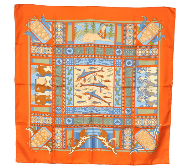 Authentic HERMES Carre 90 Scarf "LES SECRETS DE MINOS" Silk Orange Box 9290F