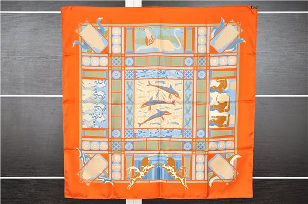 Authentic HERMES Carre 90 Scarf "LES SECRETS DE MINOS" Silk Orange Box 9290F