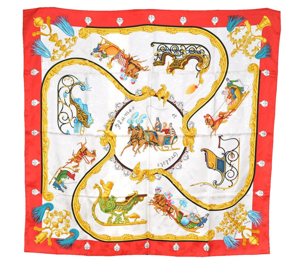 Authentic HERMES Carre 90 Scarf "Plumes et Grelots" Silk Red 9294F