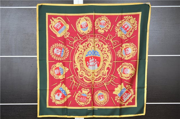 Authentic HERMES Carre 90 Scarf "LES ARMES DE PARIS" Silk Yellow Green 9295F