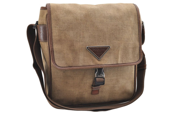 Authentic PRADA Canvas Leather Shoulder Cross Body Bag Purse Brown 9296D