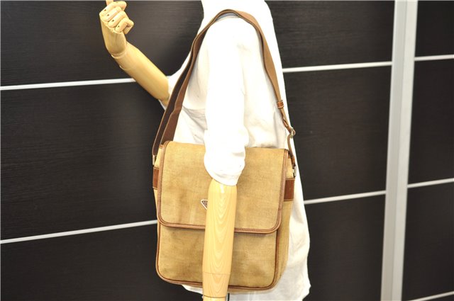 Authentic PRADA Canvas Leather Shoulder Cross Body Bag Purse Brown 9296D