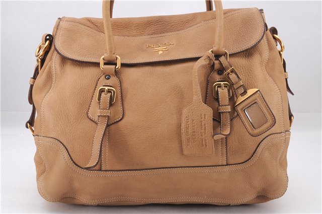 Authentic PRADA CERVO Leather 2Way Shoulder Hand Tote Bag BN1190 Beige 9299E
