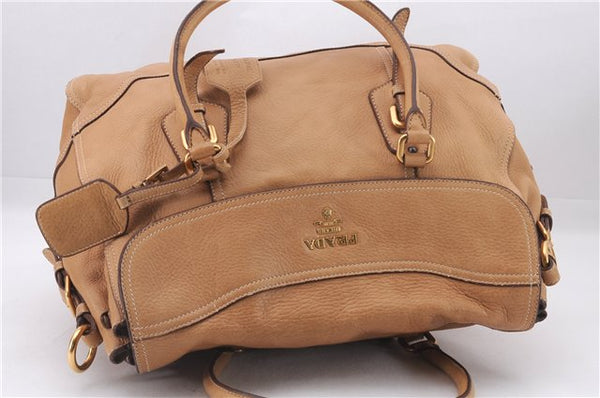 Authentic PRADA CERVO Leather 2Way Shoulder Hand Tote Bag BN1190 Beige 9299E