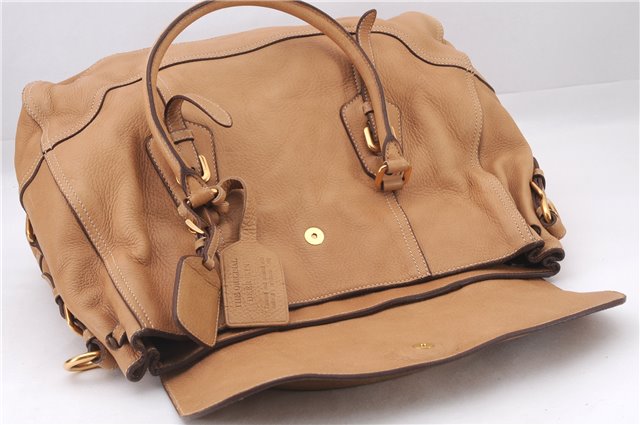 Authentic PRADA CERVO Leather 2Way Shoulder Hand Tote Bag BN1190 Beige 9299E