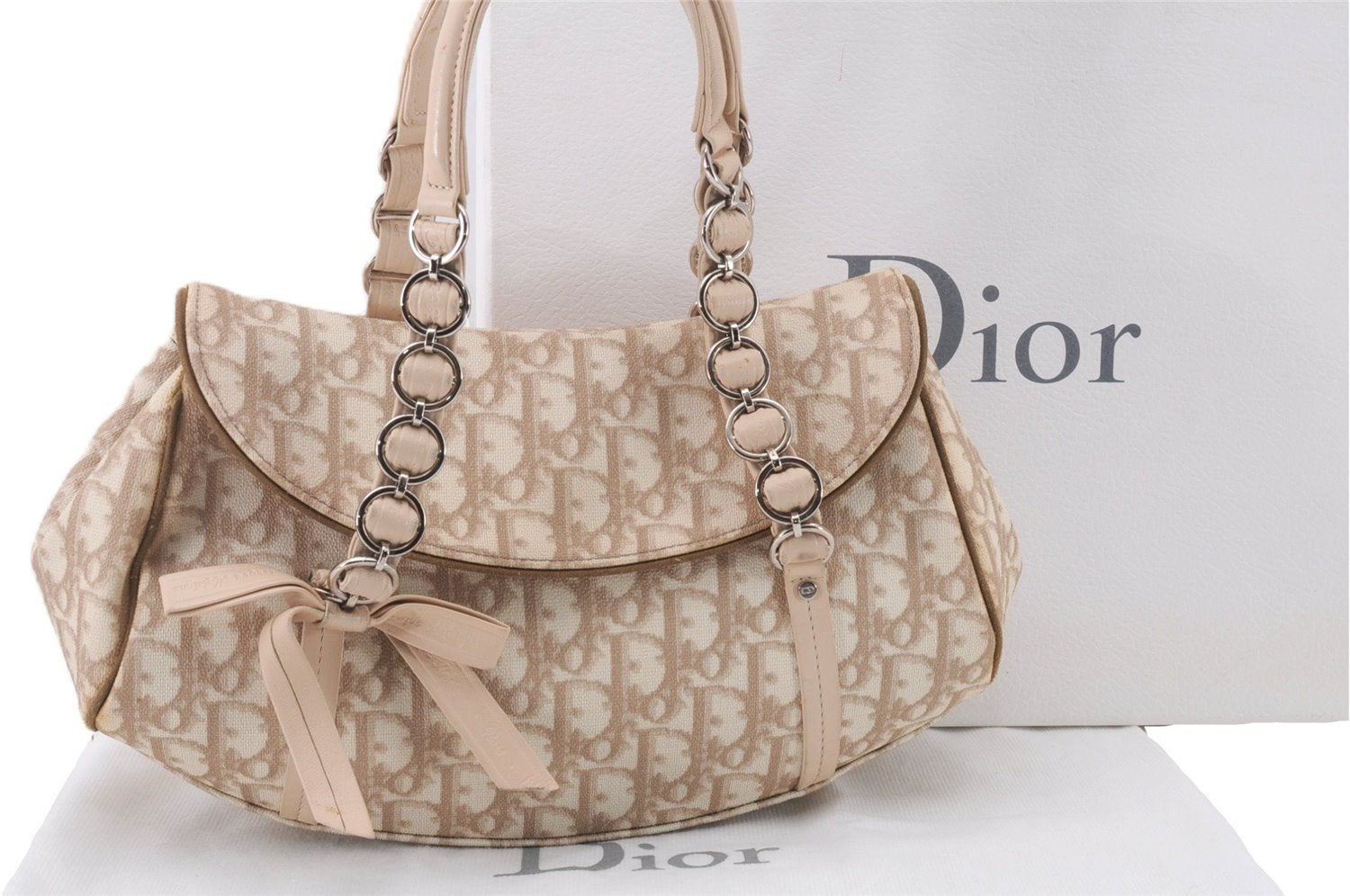 Authentic Christian Dior Trotter Romantic Hand Bag PVC Leather Beige Box 9303E