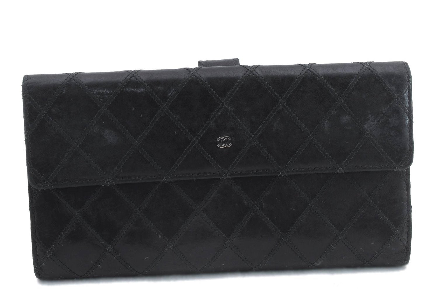 Authentic CHANEL Calf Skin Bifold Long Wallet Purse Black CC Logo 9307C