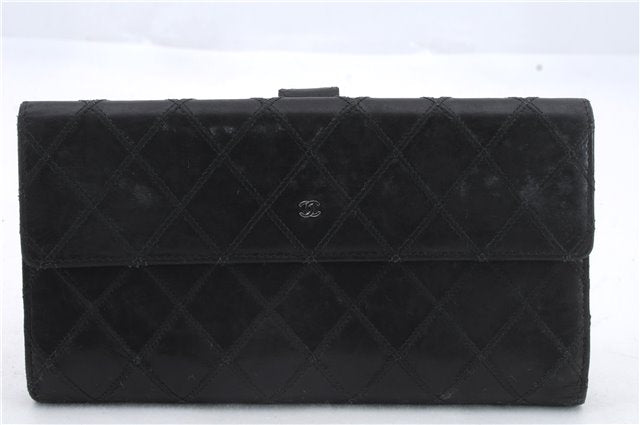 Authentic CHANEL Calf Skin Bifold Long Wallet Purse Black CC Logo 9307C