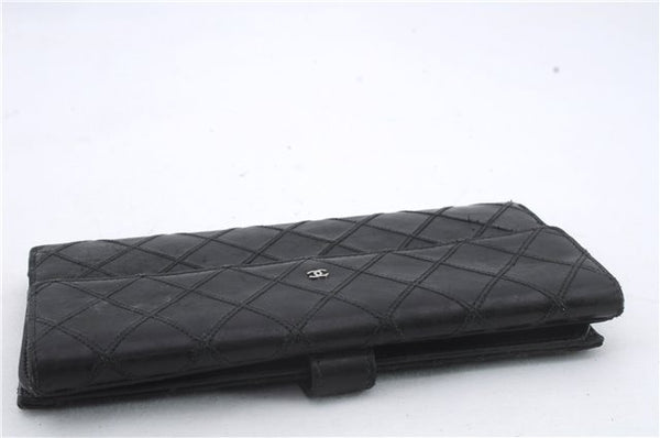 Authentic CHANEL Calf Skin Bifold Long Wallet Purse Black CC Logo 9307C