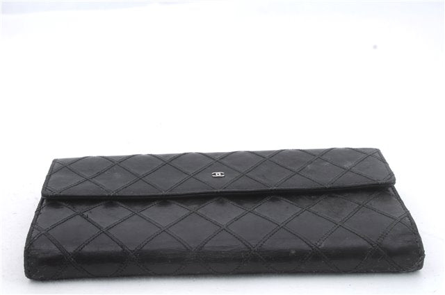 Authentic CHANEL Calf Skin Bifold Long Wallet Purse Black CC Logo 9307C