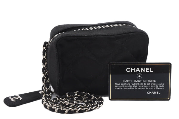 Authentic CHANEL Satin Matelasse Chain Shoulder Pouch Purse Black 9308E