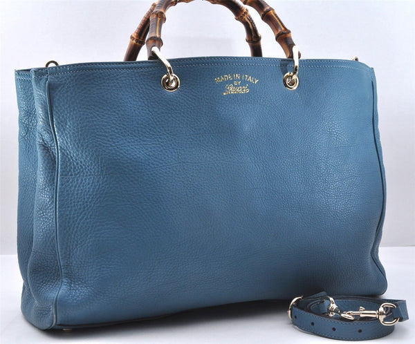 Authentic GUCCI Bamboo Shopper Large 2Way Hand Shoulder Bag Leather Blue 9324E