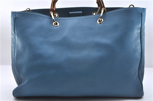 Authentic GUCCI Bamboo Shopper Large 2Way Hand Shoulder Bag Leather Blue 9324E