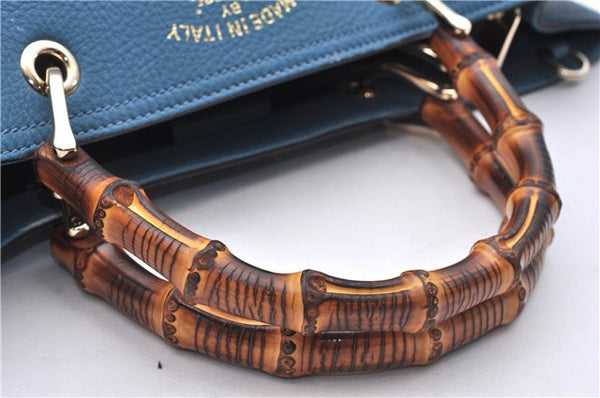 Authentic GUCCI Bamboo Shopper Large 2Way Hand Shoulder Bag Leather Blue 9324E