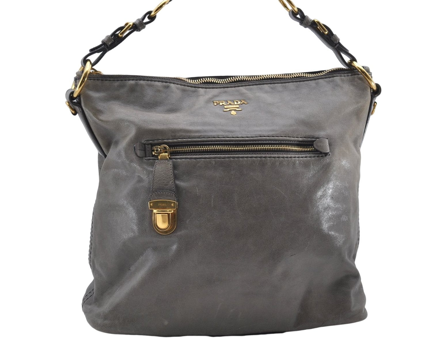 Authentic PRADA Leather 2Way Shoulder Tote Bag Gray 9326D