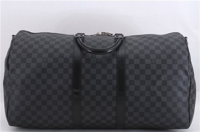 Authentic Louis Vuitton Damier Graphite Keepall Bandouliere 55 Boston Bag 9345E