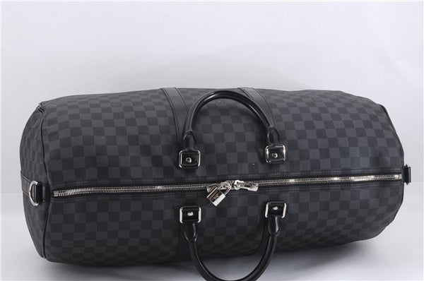 Authentic Louis Vuitton Damier Graphite Keepall Bandouliere 55 Boston Bag 9345E