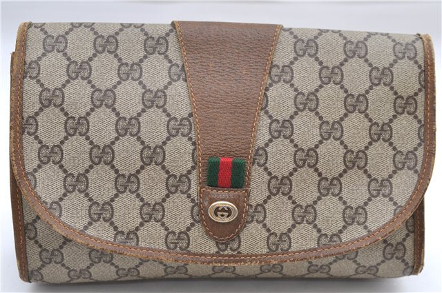 Authentic GUCCI Web Sherry Line Clutch Hand Bag Purse GG PVC Leather Brown 9356D