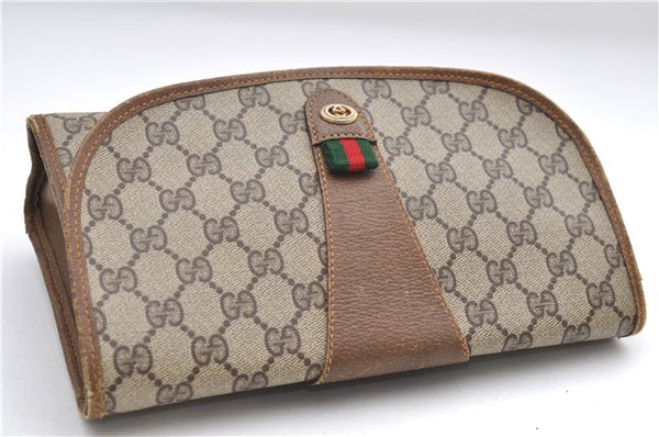 Authentic GUCCI Web Sherry Line Clutch Hand Bag Purse GG PVC Leather Brown 9356D