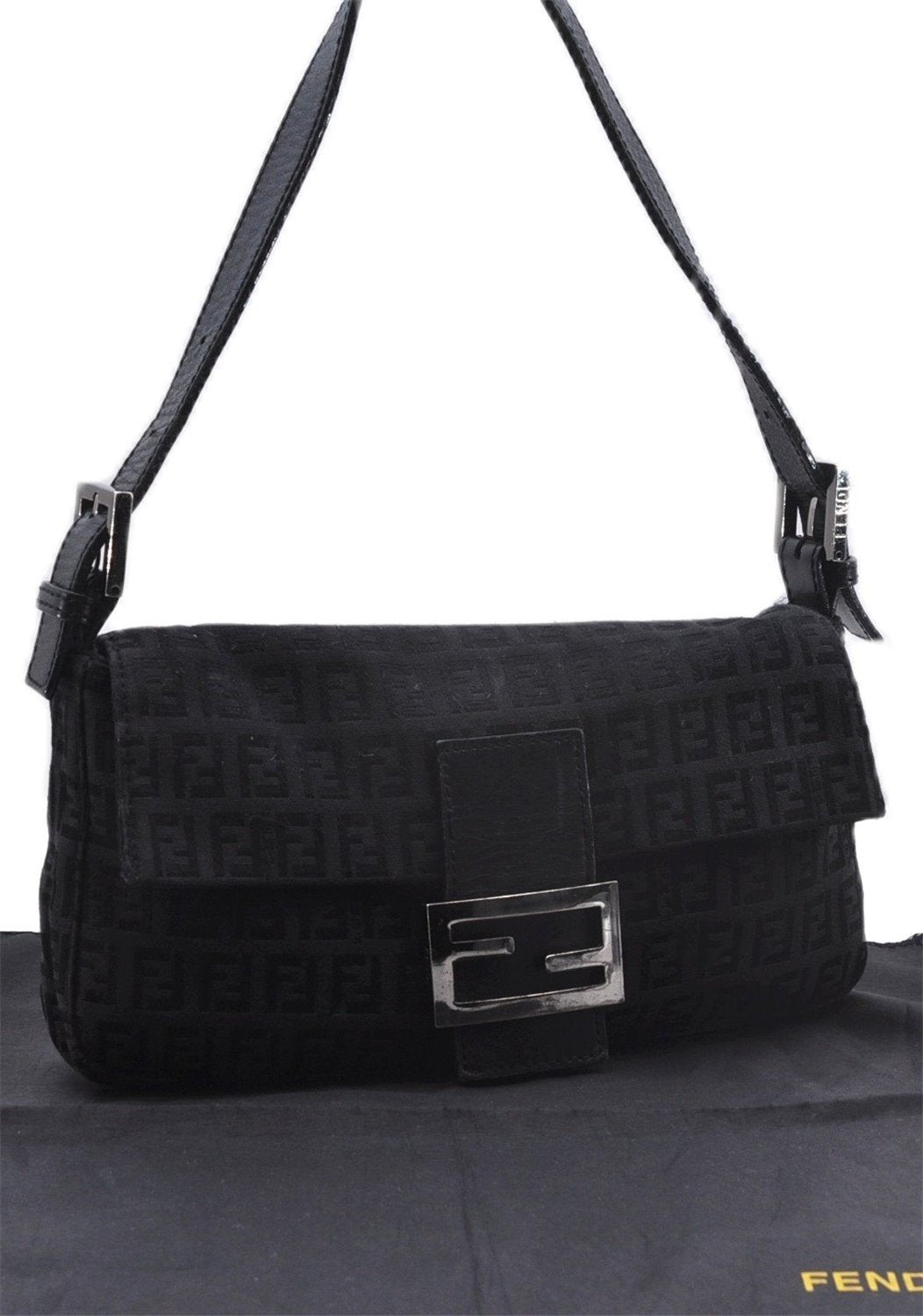 Authentic FENDI Zucchino Mamma Baguette Shoulder Bag Canvas Leather Black 9362E