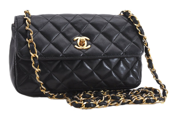 Authentic CHANEL Calf Skin Matelasse Turnlock Chain Shoulder Bag Black CC 9386E