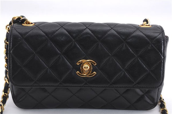 Authentic CHANEL Calf Skin Matelasse Turnlock Chain Shoulder Bag Black CC 9386E