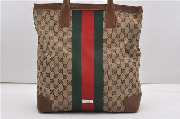 Authentic GUCCI Web Sherry Line Hand Tote Bag GG Canvas Leather Brown 9392F