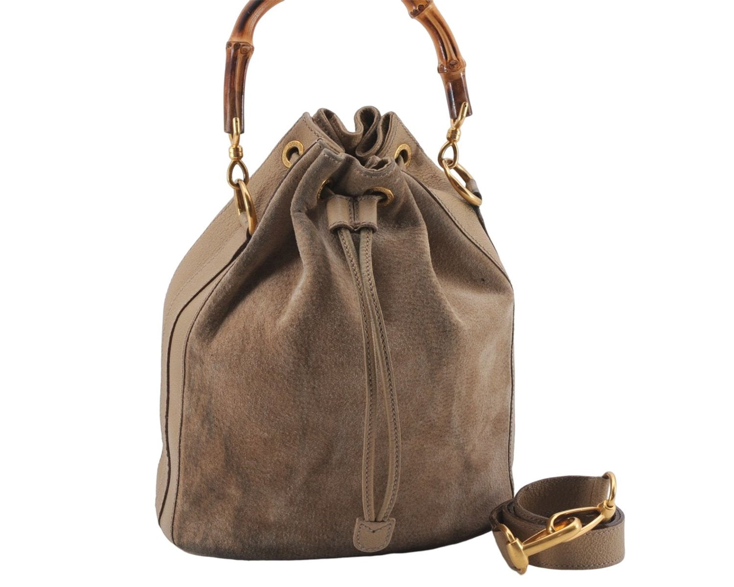 Authentic GUCCI Bamboo 2way Hand Shoulder Bag Purse Suede Leather Beige 9400D