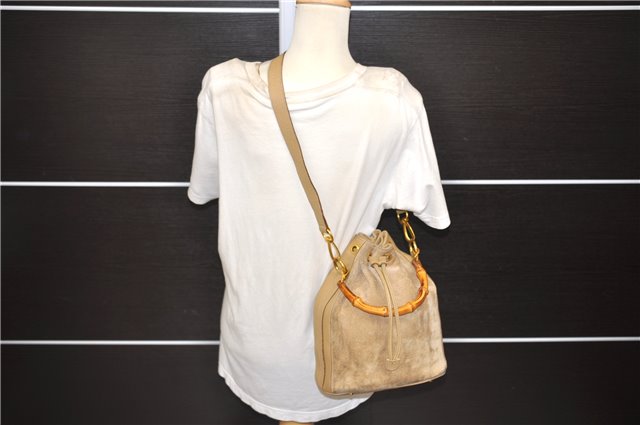 Authentic GUCCI Bamboo 2way Hand Shoulder Bag Purse Suede Leather Beige 9400D
