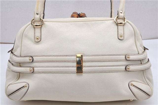 Authentic GUCCI Bamboo Horsebit Shoulder Tote Bag Leather 159398 Ivory 9403F