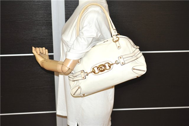 Authentic GUCCI Bamboo Horsebit Shoulder Tote Bag Leather 159398 Ivory 9403F