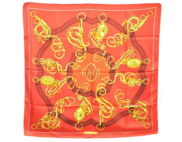 Authentic HERMES Carre 90 Scarf Crest Emblem Motif Silk Red 9419D