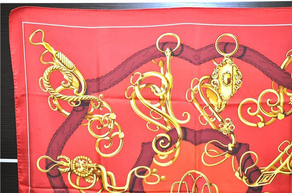 Authentic HERMES Carre 90 Scarf Crest Emblem Motif Silk Red 9419D