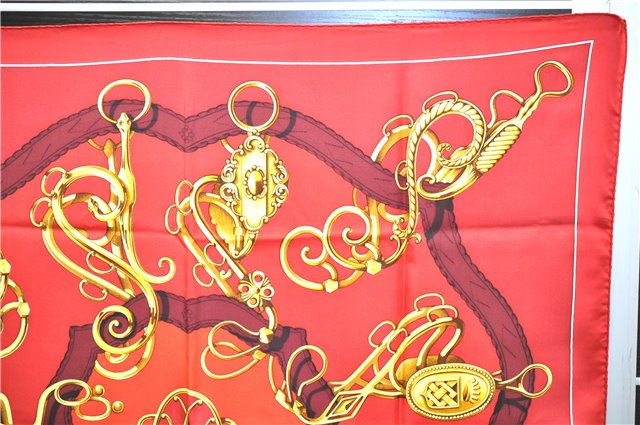 Authentic HERMES Carre 90 Scarf Crest Emblem Motif Silk Red 9419D