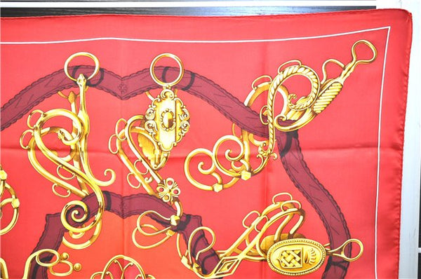 Authentic HERMES Carre 90 Scarf Crest Emblem Motif Silk Red 9419D