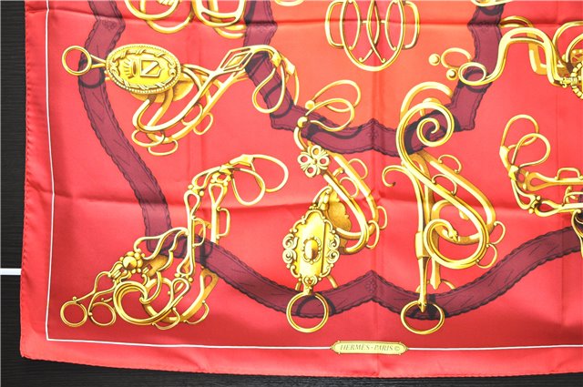 Authentic HERMES Carre 90 Scarf Crest Emblem Motif Silk Red 9419D